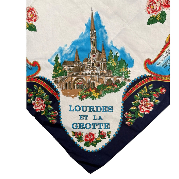 Vintage Lourdes Et La Grotte 30” Religious Scarf Blue Border - Picture 2 of 5